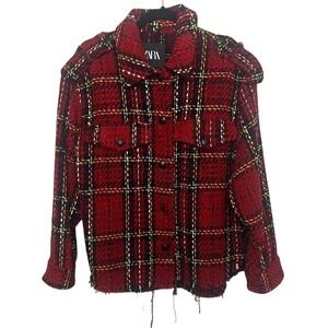 Zara Womens Red Plaid Tweed Textured Button Front Blazer Jacket Small